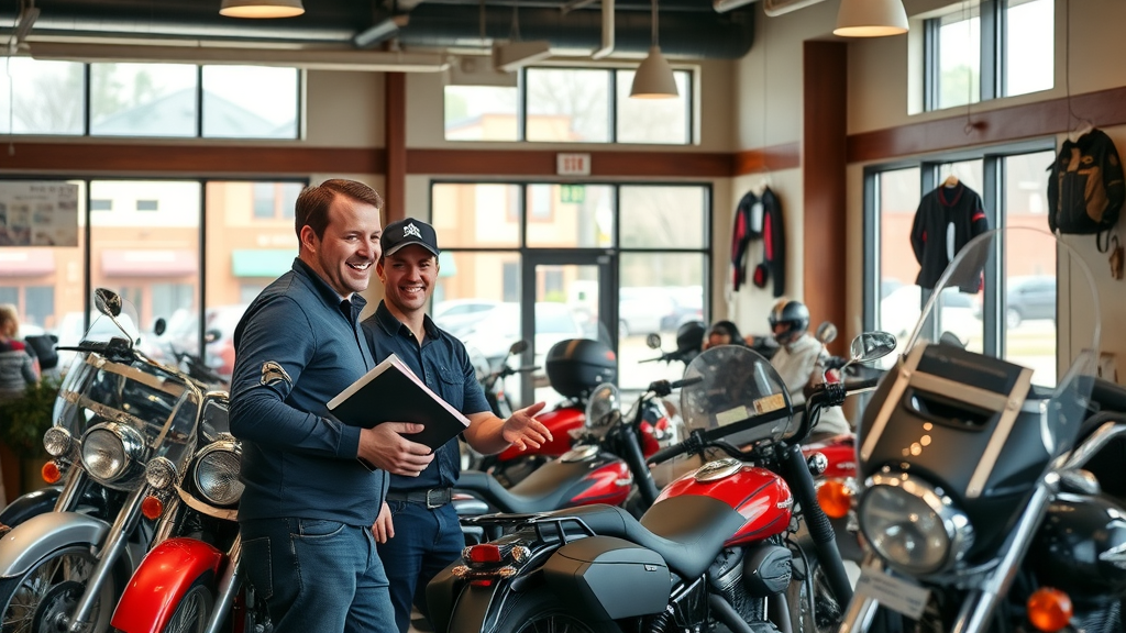Woodstock IL motorcycle dealership interior with staff assisting customer
