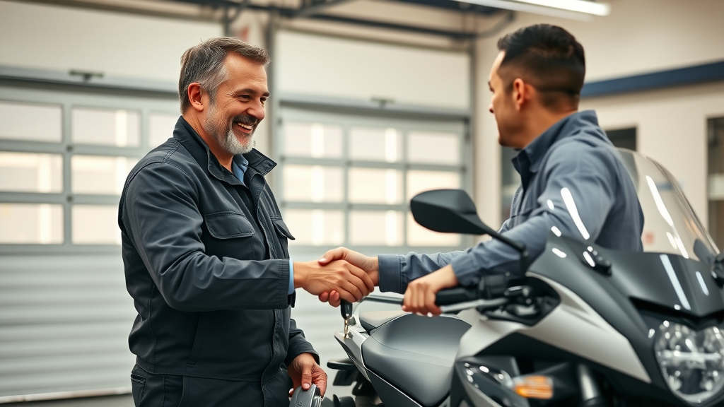 happy owner and technician exchanging keys after motorcycle repair in Woodstock IL
