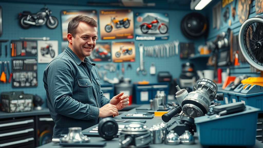 tidy motorcycle repair parts and tools counter in Woodstock IL with service staff ready to help