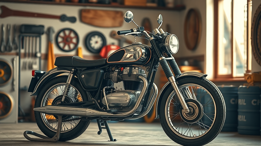vintage retro motorcycle polished and clean on center stand in sunlit classic garage retro motorbikes storage