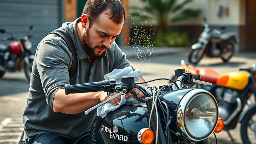 gentleman cleaning retro Royal Enfield motorcycle chrome and bodywork retro motorbikes storage