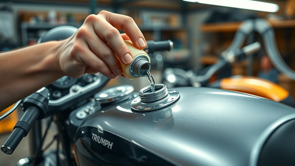 hands pouring fuel stabilizer into retro Triumph motorcycle tank fuel system care retro motorbikes