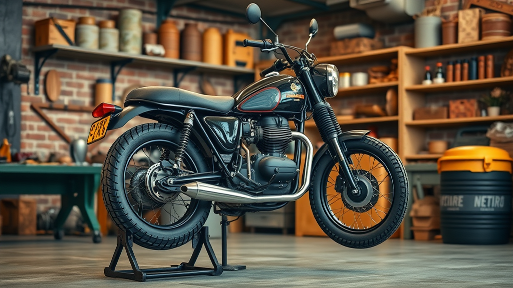 retro motorcycle tires elevated on paddock stands storage care performance and handling