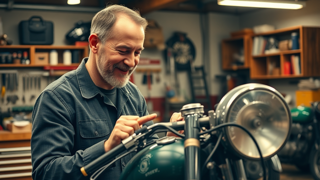 restoring vintage motorcycle enthusiast adjusting part in classic garage with organized tools and motorcycles on stands