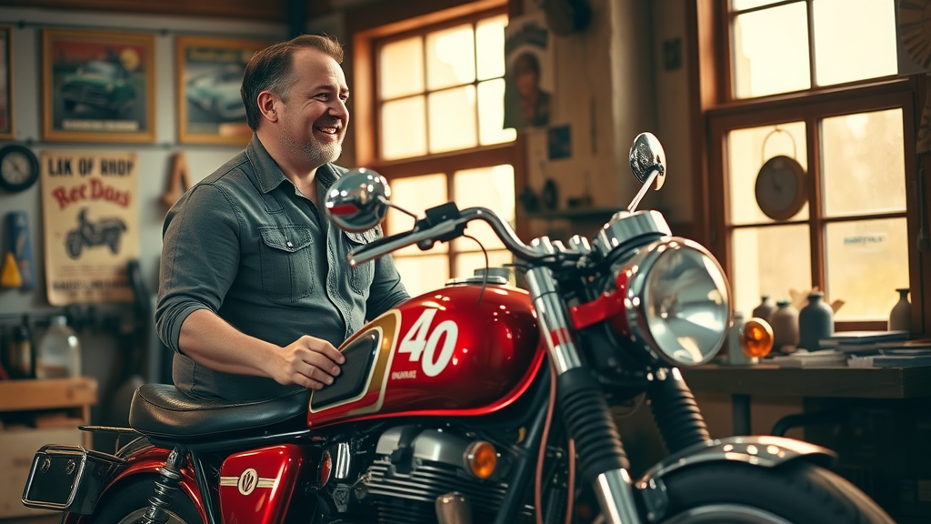 classic motorcycle restoration pristine condition, restorer admiring polished bike in rustic workshop
