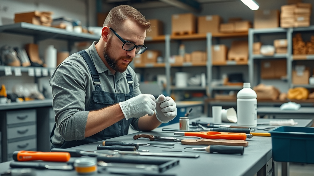 restoring vintage motorcycle organized workspace with paint and chrome restoration tools and safety gear neatly arranged