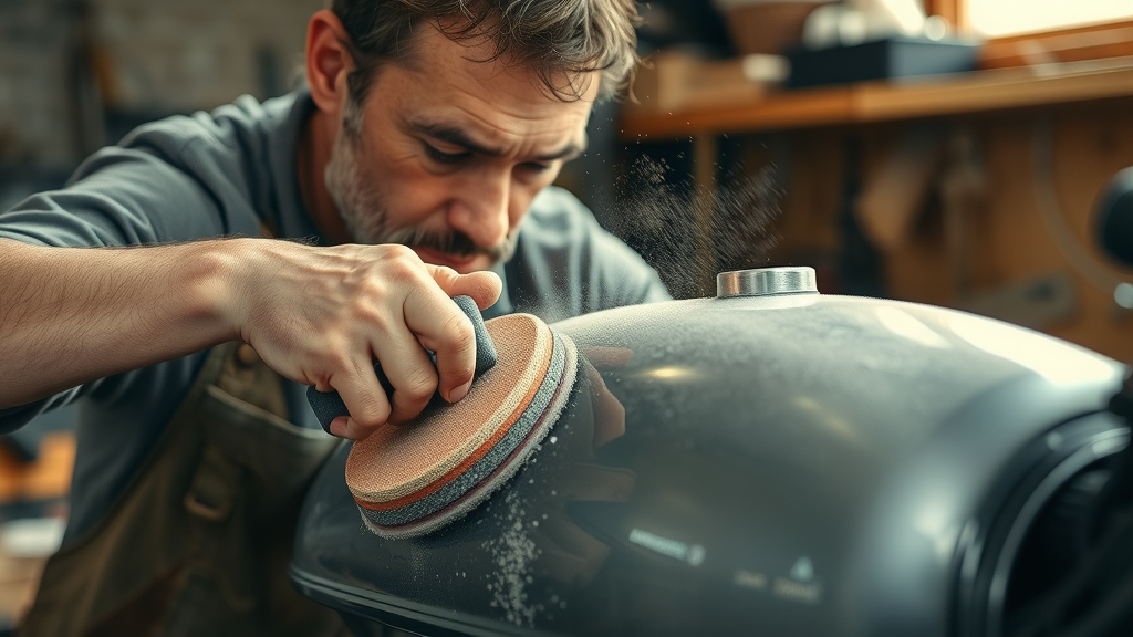 restoring vintage motorcycle careful sanding fuel tank in detailed workshop closeup