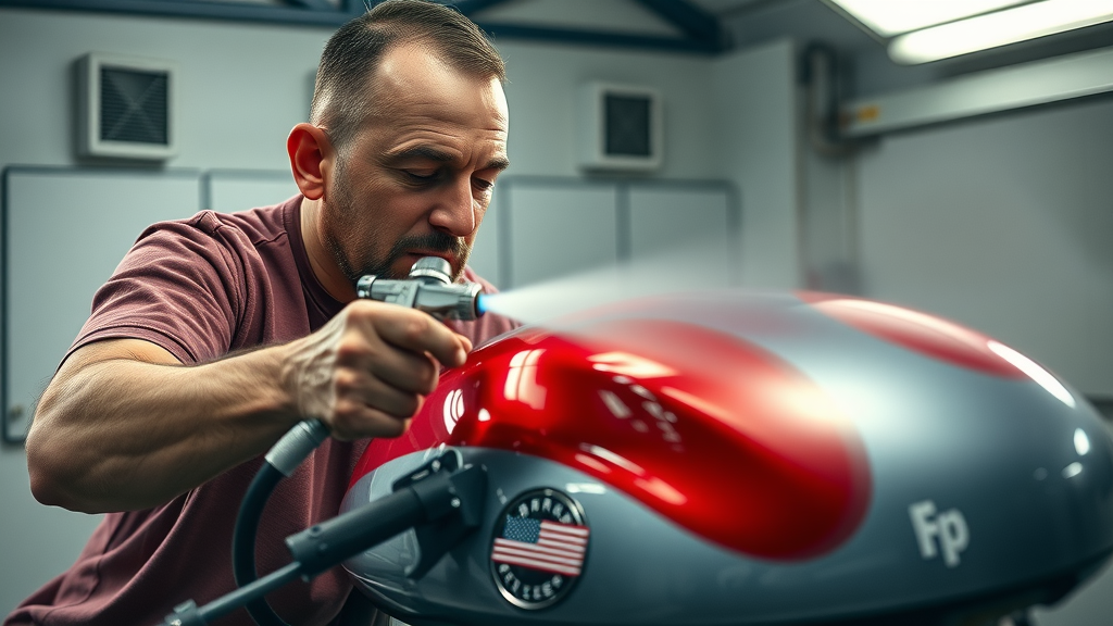 restoring vintage motorcycle spraying paint on fuel tank in clean booth with wet vibrant colors