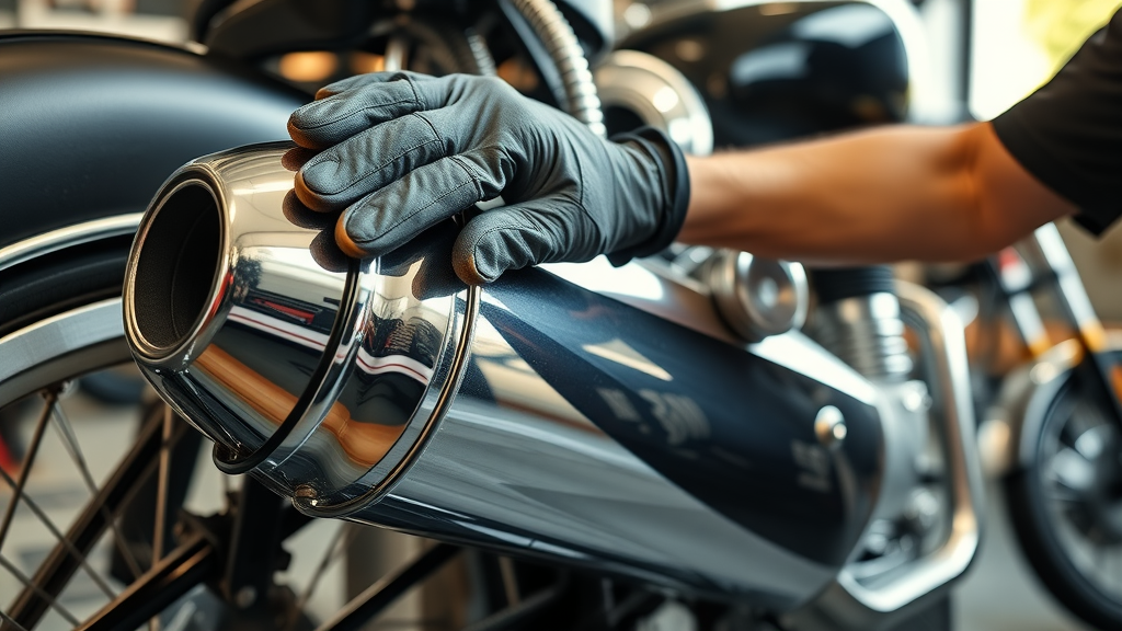 restoring vintage motorcycle enthusiast polishing chrome exhaust on classic bike in workshop