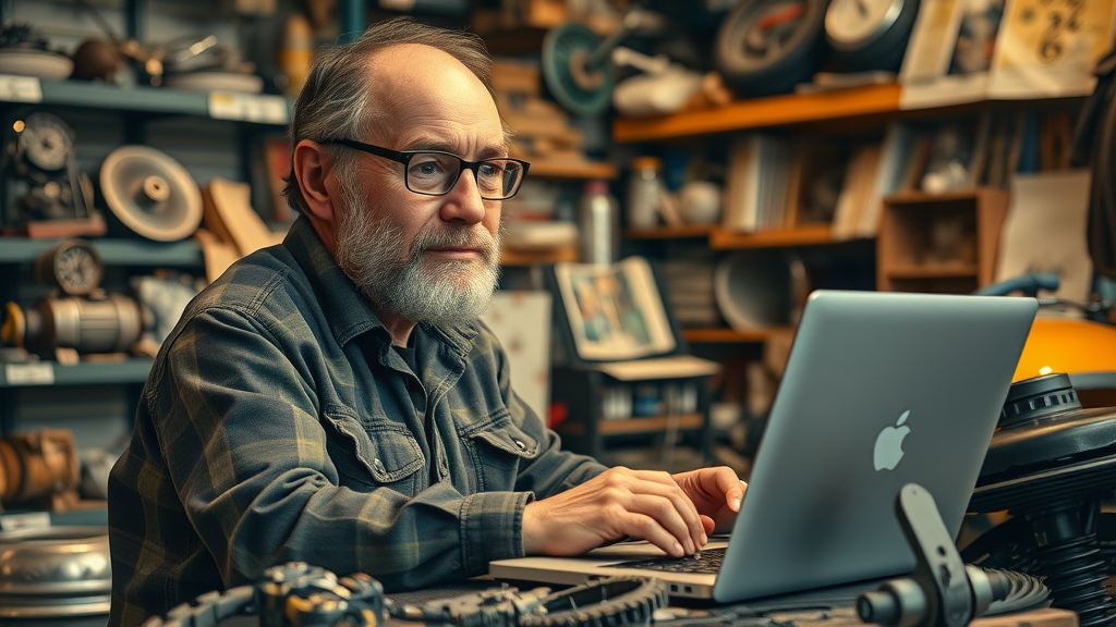 restoring vintage motorcycle enthusiast searching for rare parts online in home garage