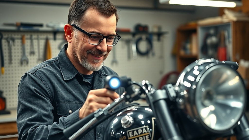restoring vintage motorcycle critical inspection of paint and chrome in neat vintage garage