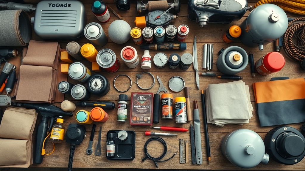 must-have supplies for restoring vintage motorcycle paint and chrome organized on workbench