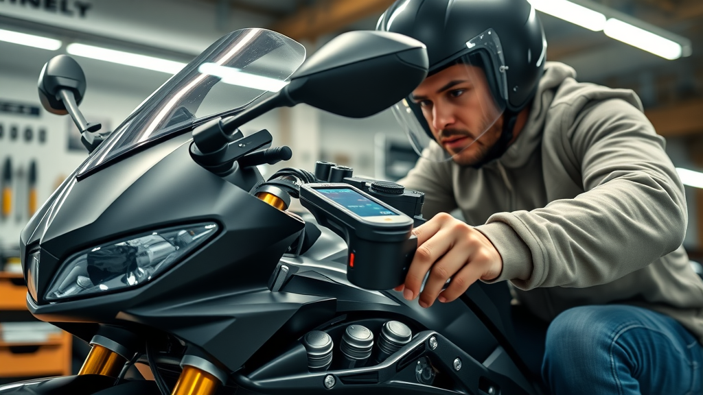 modern sport motorcycle engine diagnostics scan tool in use