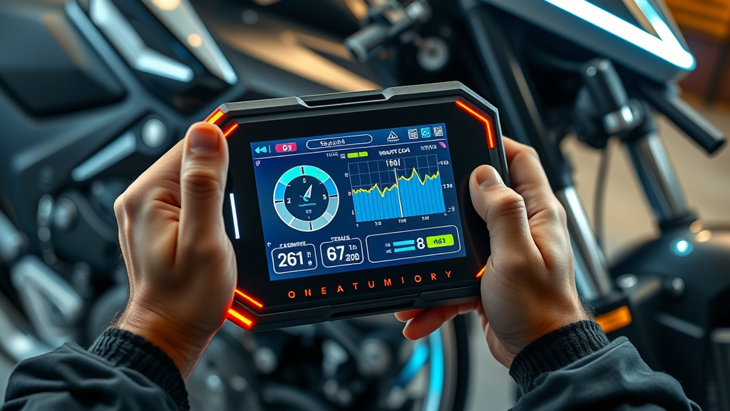 motorcycle diagnostic tool scan tool in use by mechanic with data graphs