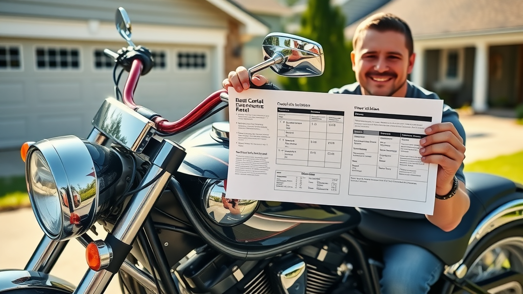 happy motorcycle owner holding diagnostic tool printout after engine diagnostics