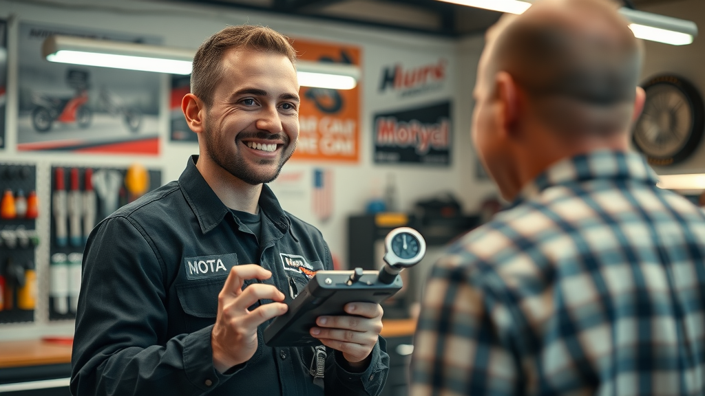 motorcycle mechanic offering diagnostic tool advice at service counter