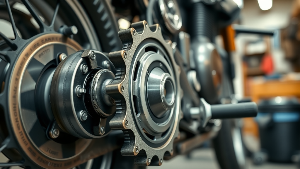 Well-maintained motorcycle chain and sprocket metallic shine in garage workshop.