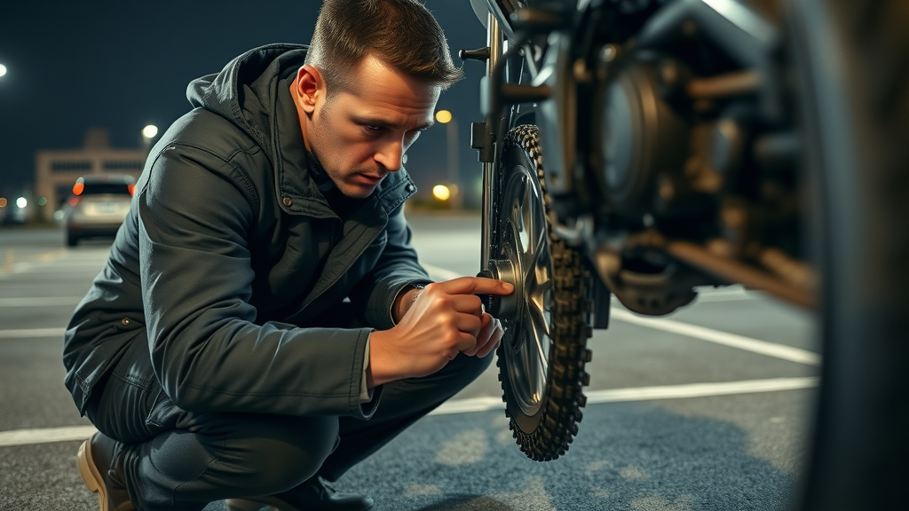 Experienced motorcyclist inspecting worn motorcycle chain and sprocket in parking lot.