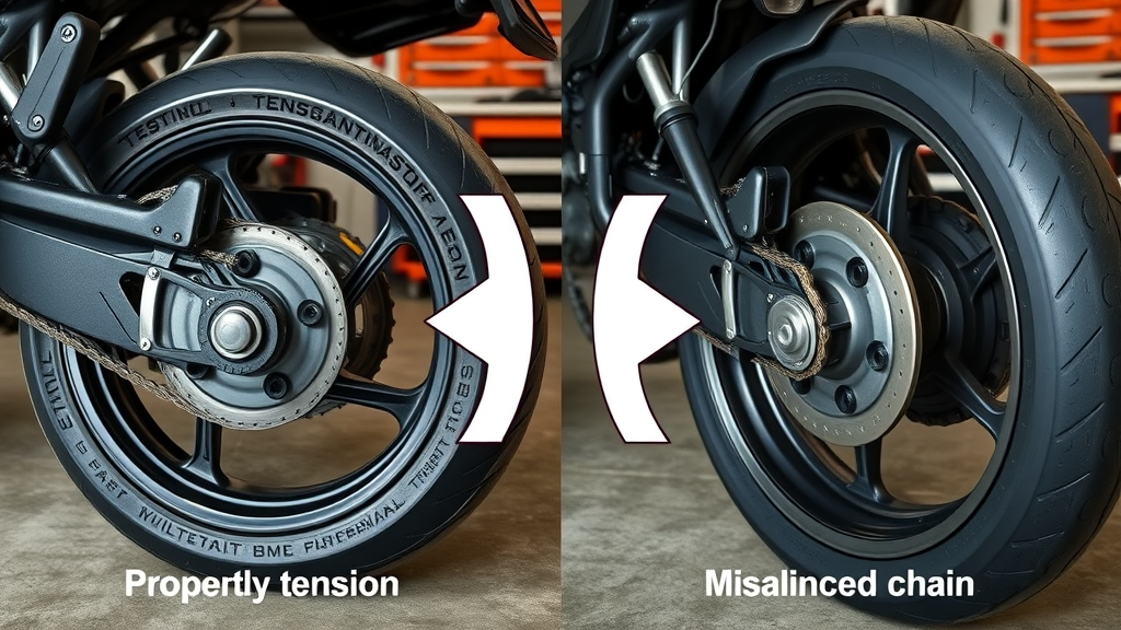 Side-by-side view: properly tensioned aligned motorcycle chain vs. slack misaligned chain.