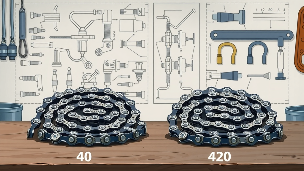 Side-by-side motorcycle chain comparison: 40 chain vs. 420 chain on workshop table.
