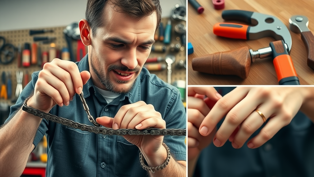 Collage of mechanic hands adjusting chain tension, examining worn motorcycle chain and sprocket.