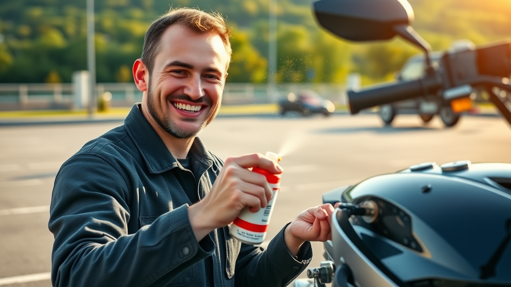 Smiling technician demonstrating motorcycle chain lubrication process outdoors.