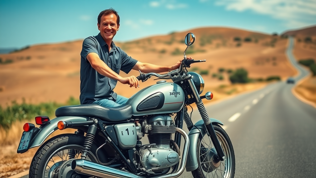 vintage classic motorcycle on a scenic countryside road, owner showcases new chrome exhaust on classic motorcycles