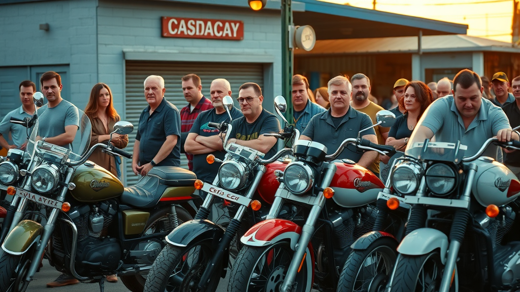iconic lineup of modern and vintage classic motorcycles side by side, enthusiasts observe the bikes in a retro garage setting