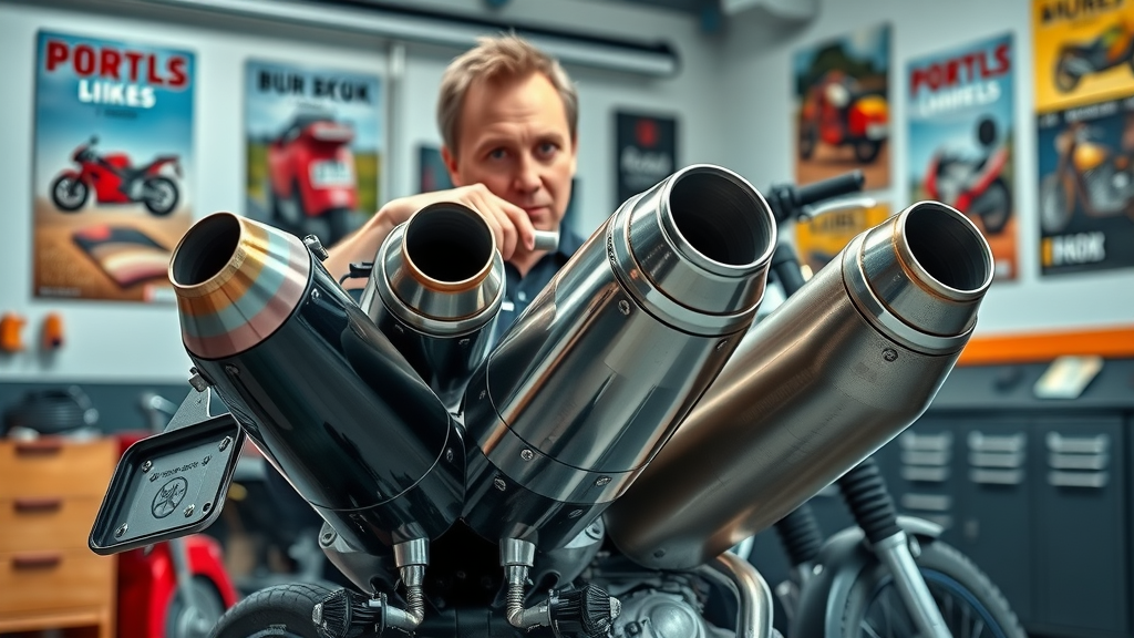 distinct slip-on, full system, and custom exhausts fitted to modern classic motorcycle in a clean workshop
