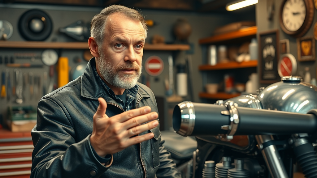 vintage motorcycle expert gestures toward disassembled classic exhaust in retro garage