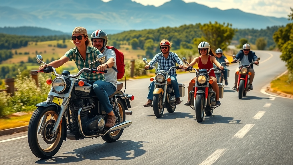 dynamic action shot of most popular modern classic motorcycles on winding countryside road, vibrant colors and confident riders