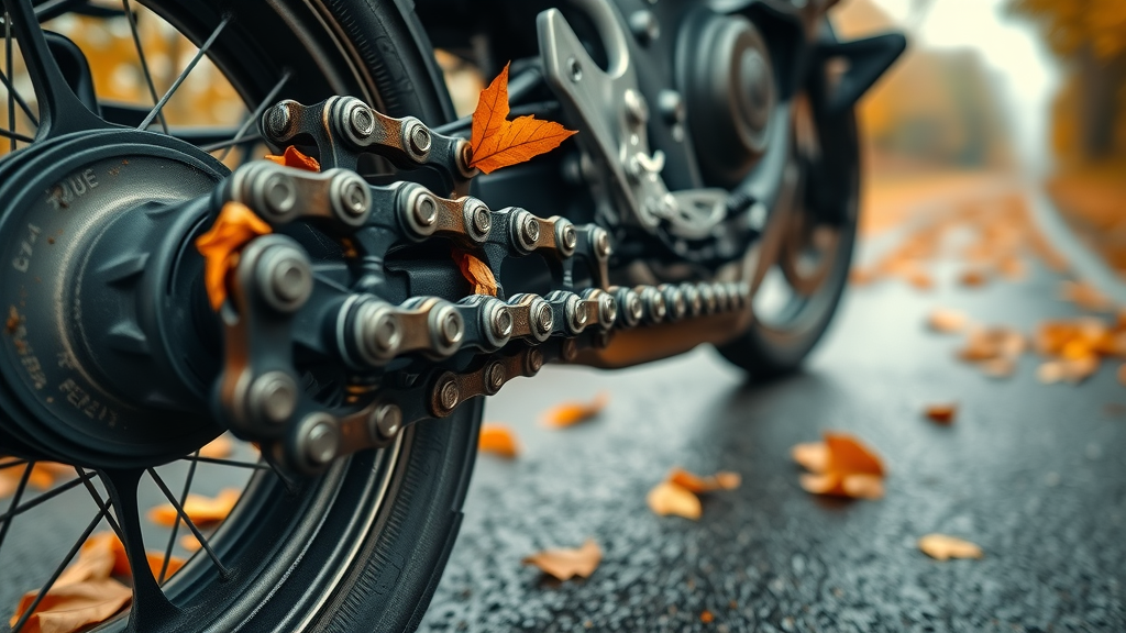 Well-maintained motorcycle chain with autumn leaves, showcasing motorcycle chain lubrication fall