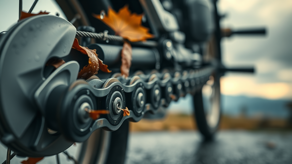 Motorcycle chain in autumn weather with rain and leaves, highlighting chain lube needs