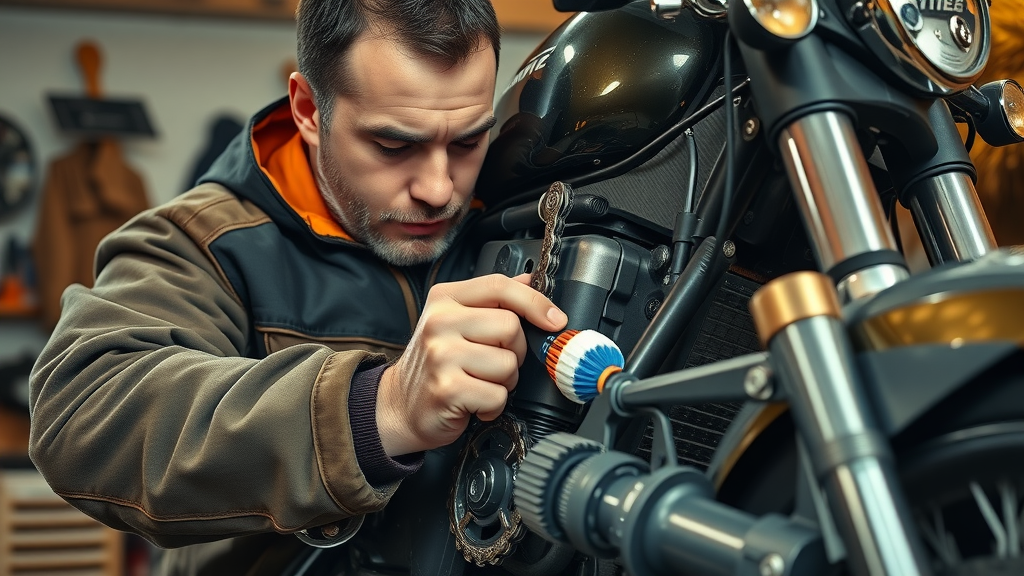 Cleaning a motorcycle chain with tools in autumn, part of motorcycle chain lubrication fall prep
