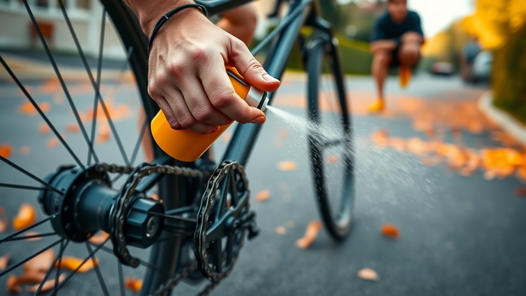 Applying chain lube to motorcycle chain in autumn, showing proper motorcycle chain lubrication fall technique