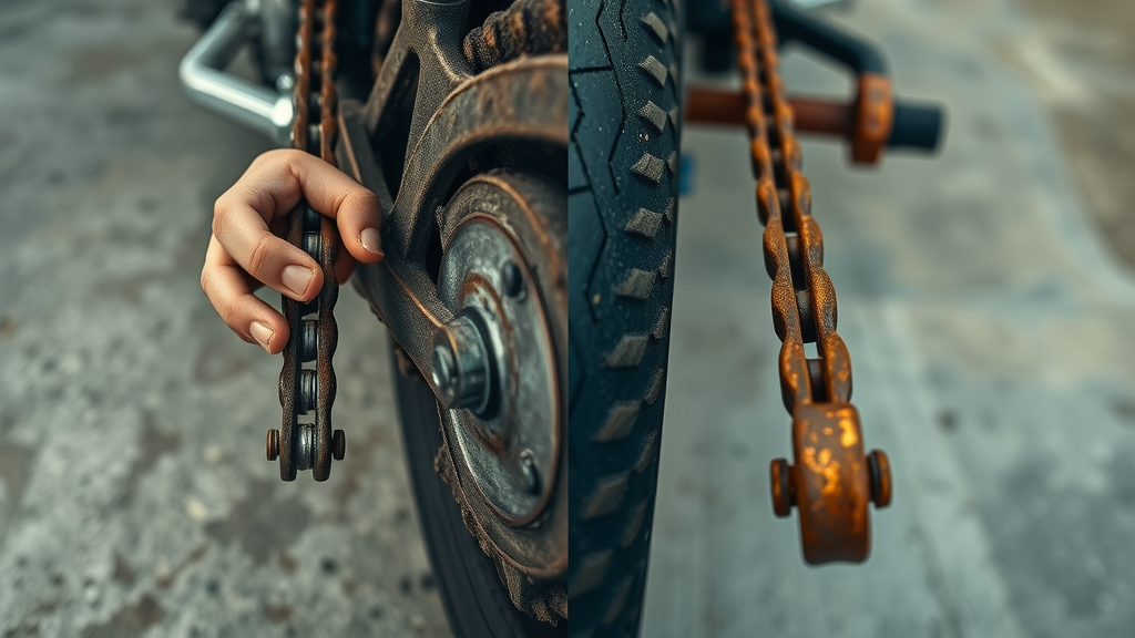 Comparison of over-lubricated and neglected rusty motorcycle chain during motorcycle chain lubrication fall