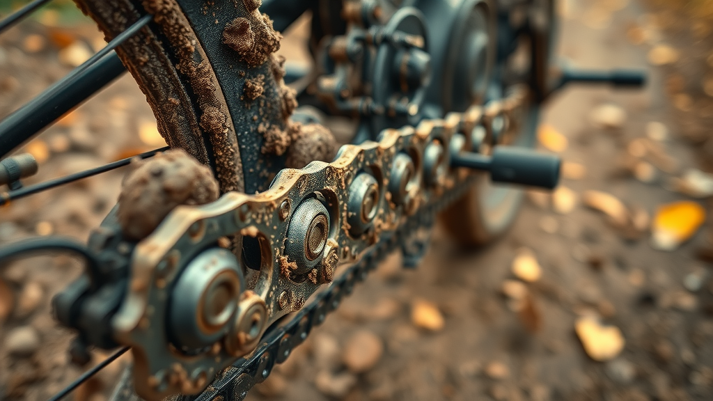 Dirt bike chain freshly lubricated with autumn mud, showcasing dirt bike chain lube care
