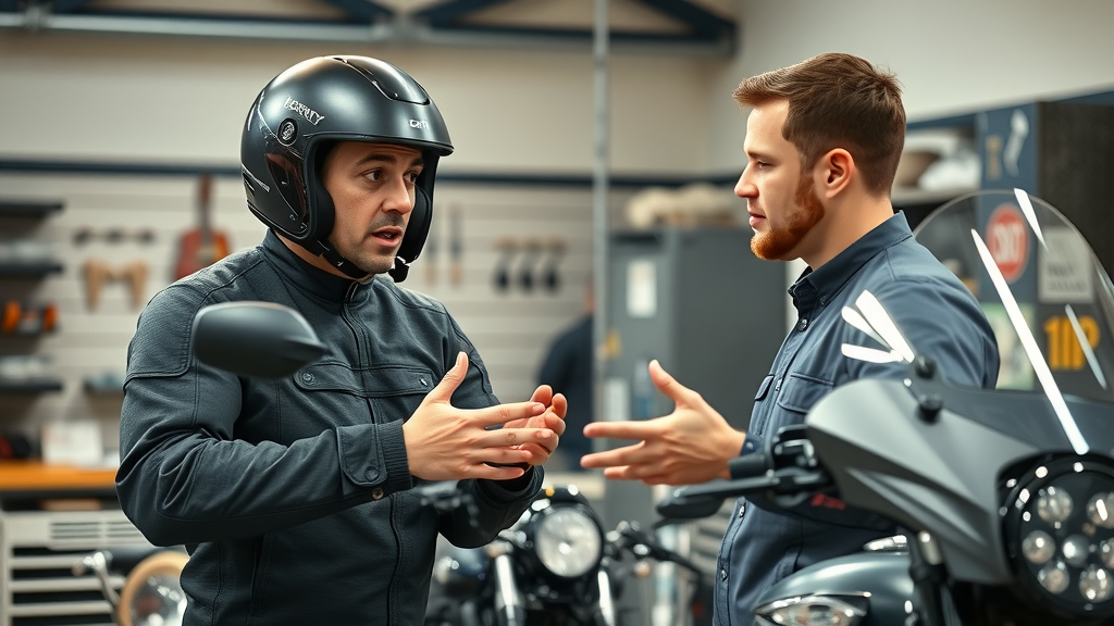 Expert mechanic and rider discussing motorcycle chain lubrication fall