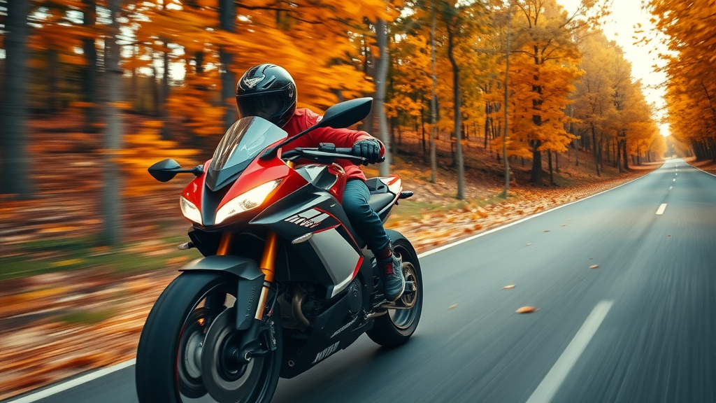 Sportbike riding through autumn leaves, showing benefits of motorcycle chain lubrication fall