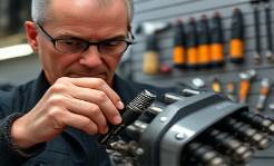 motorcycle repair detail, candid expression, cleaning spark plugs, photorealistic, well-organized tool wall backdrop, highly detailed, oily hands, close-up lens, bright colors, overhead LED lighting