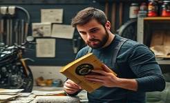 home motorcycle mechanic, inquisitive expression, reading manual, photorealistic, messy garage desk with notes and coffee cup stains, highly detailed, scattered papers, 50mm lens, muted colors, soft filtered lighting