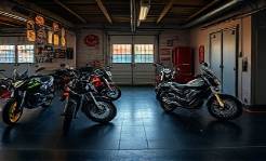 motorcycle garage panorama, content expression, admiring bike collection, photorealistic, expansive view with bikes lined up and memorabilia hanging, highly detailed, slight lens flare, panoramic lens, bold colors, twilight lighting