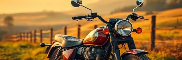 vintage motorcycle quality, capturing heritage, in a rural landscape, photorealistic, countryside with rolling hills and wooden fences, highly detailed, weathered paint and leather textures, aperture f/4.0, rustic maroon, golden hour lighting, shot with a portrait lens.
