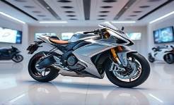 futuristic motorcycle design, innovative features, showcased in a showroom, photorealistic, modern showroom with reflective floors, highly detailed, holographic displays around, aperture f/1.8, titanium silver, soft white lighting, shot with an ultra-wide angle lens.