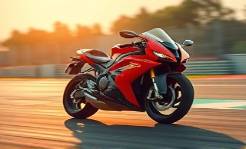 high-performance motorcycle, powerfully accelerating, on a track, photorealistic, racing track with blurred background, highly detailed, dynamic motion blur from speed, shutter speed 1/2000s, fiery red, midday lighting, shot with a telephoto lens.