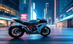 cutting-edge motorcycle innovation, pushing boundaries, in a futuristic city, photorealistic, cityscape with neon lights and glass buildings, highly detailed, reflections and bokeh effects, captured at ISO 200, electric blue, night city lighting, shot with a 50mm lens.
