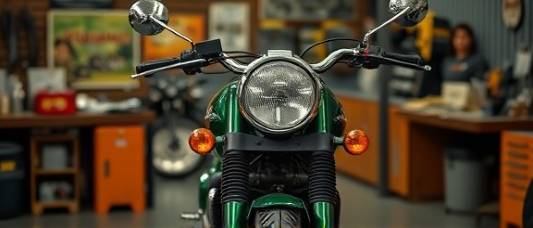 classic motorcycle quality, immaculately preserved, posed in a historic garage, photorealistic, garage with vintage tools and posters, highly detailed, subtle oil stains and metallic gleam, f-stop f/2.2, deep forest green, ambient natural lighting, shot with a macro lens.