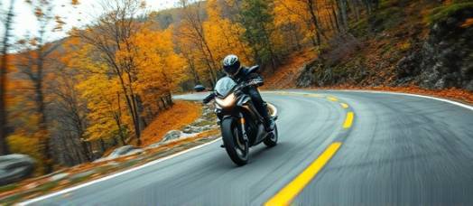 sport motorcycle performance, effortlessly maneuvering through turns, on a mountain road, photorealistic, winding road surrounded by autumn foliage, highly detailed, leaves stirring in the air, exposure of 1/500s, glossy charcoal, overcast lighting, shot with a fisheye lens.