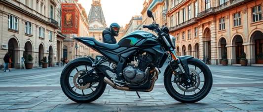 luxury motorcycle design, exuding elegance, parked in an urban setting, photorealistic, city plaza with architectural marvels, highly detailed, chrome details shimmering, ISO 400, royal blue, early morning lighting, shot with a full-frame DSLR camera.