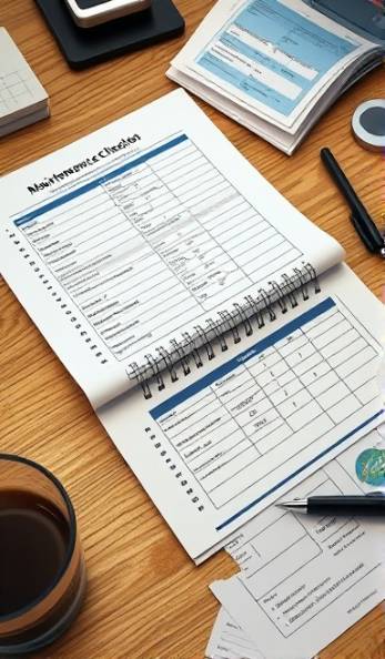 comprehensive maintenance checklist, meticulously planned, being reviewed, photorealistic, office desk with technical papers, highly detailed, slight coffee stains, 100mm macro lens, neutral, soft light, shot with a Sony A7R IV.